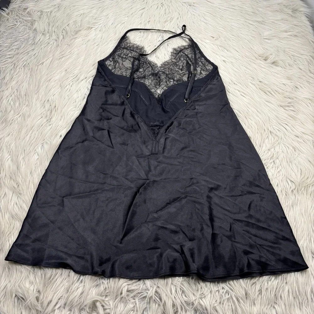 Victoria's Secret Women's M Black Satin‎ Lace Bust Strappy Nighty Gown Coquette